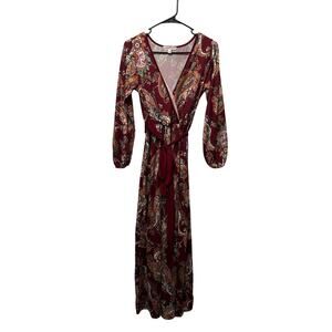 Club Soda Burgundy Paisley Faux Wrap Maxi Dress S Long Sleeve Tie Waist Autumn